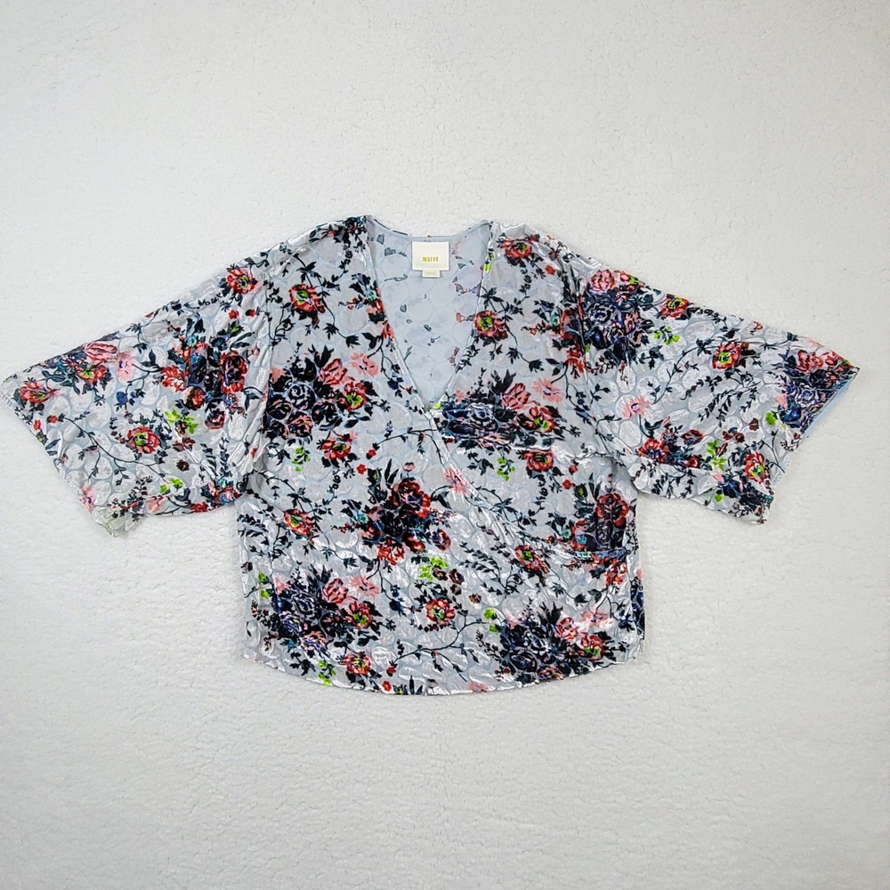 Maeve Anthropologie Top Womens Large Blue Floral Burnout Velvet Silk Wrap Kimono